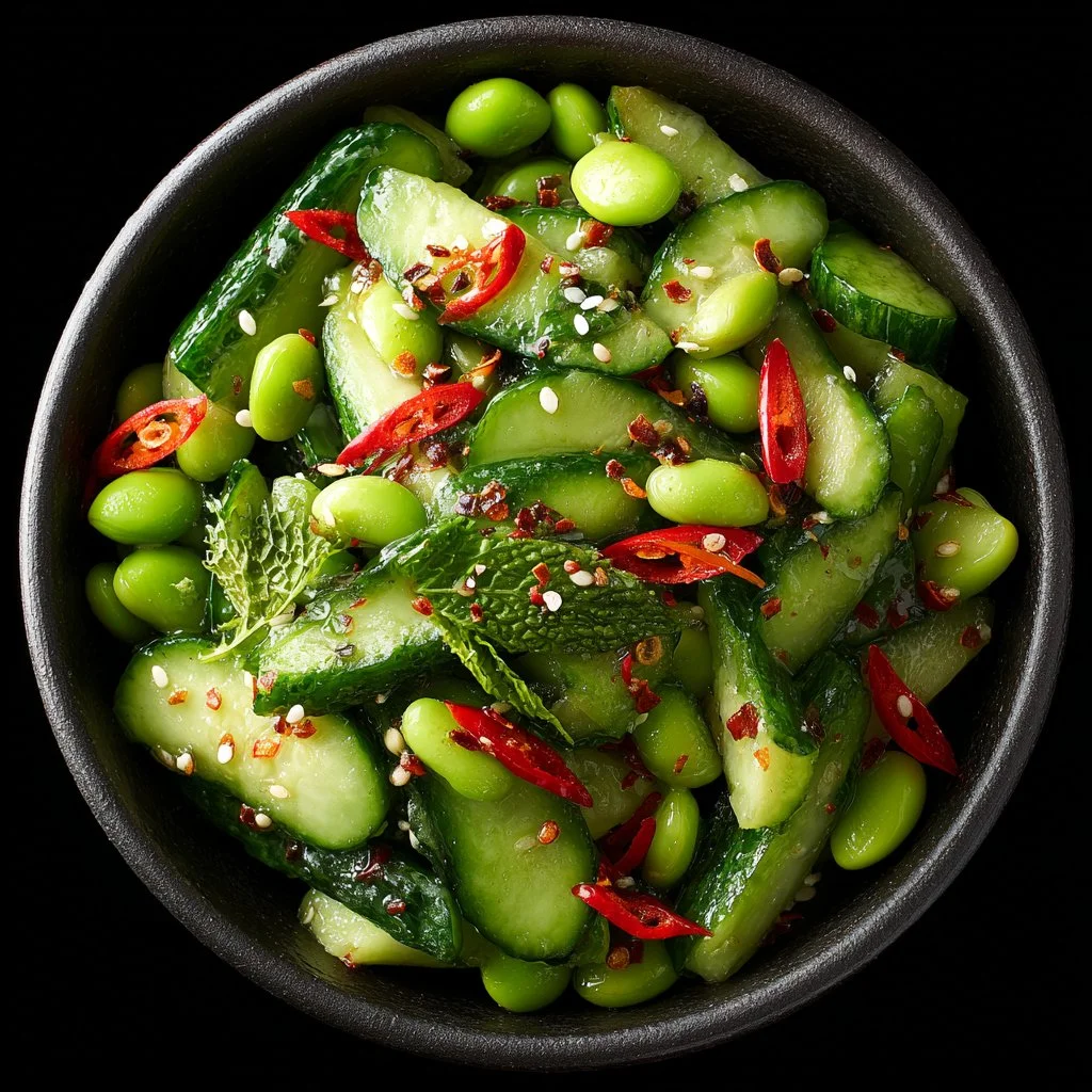 Spicy edamame cucumber salad served in a bowl with fresh ingredients