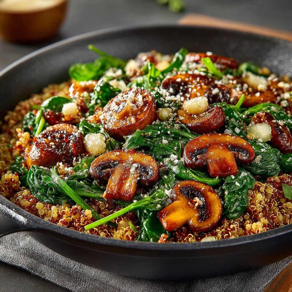 Spinach Mushroom Quinoa Skillet cooked in a colorful skillet with fresh ingredients