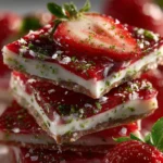 Delicious homemade strawberry yogurt bark on a marble surface