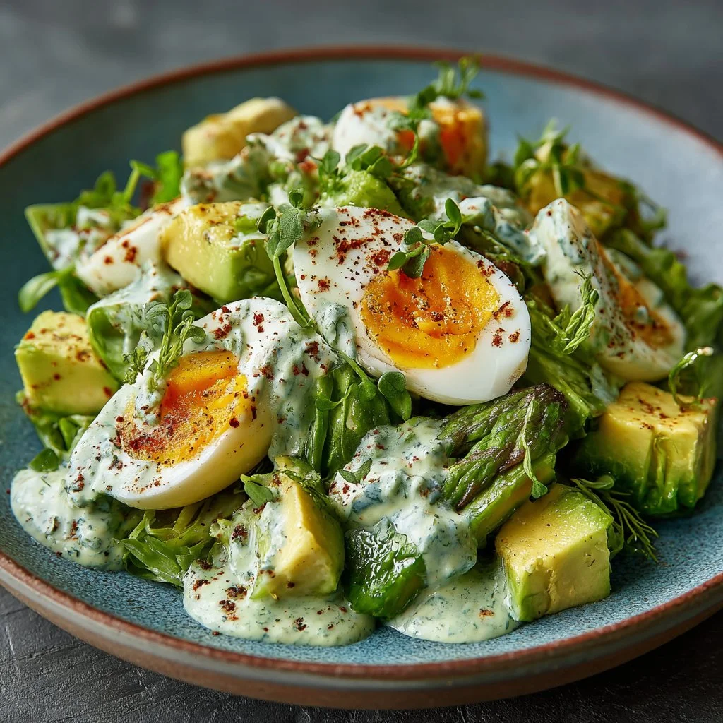 Colorful green goddess salad recipe with fresh vegetables and herbs