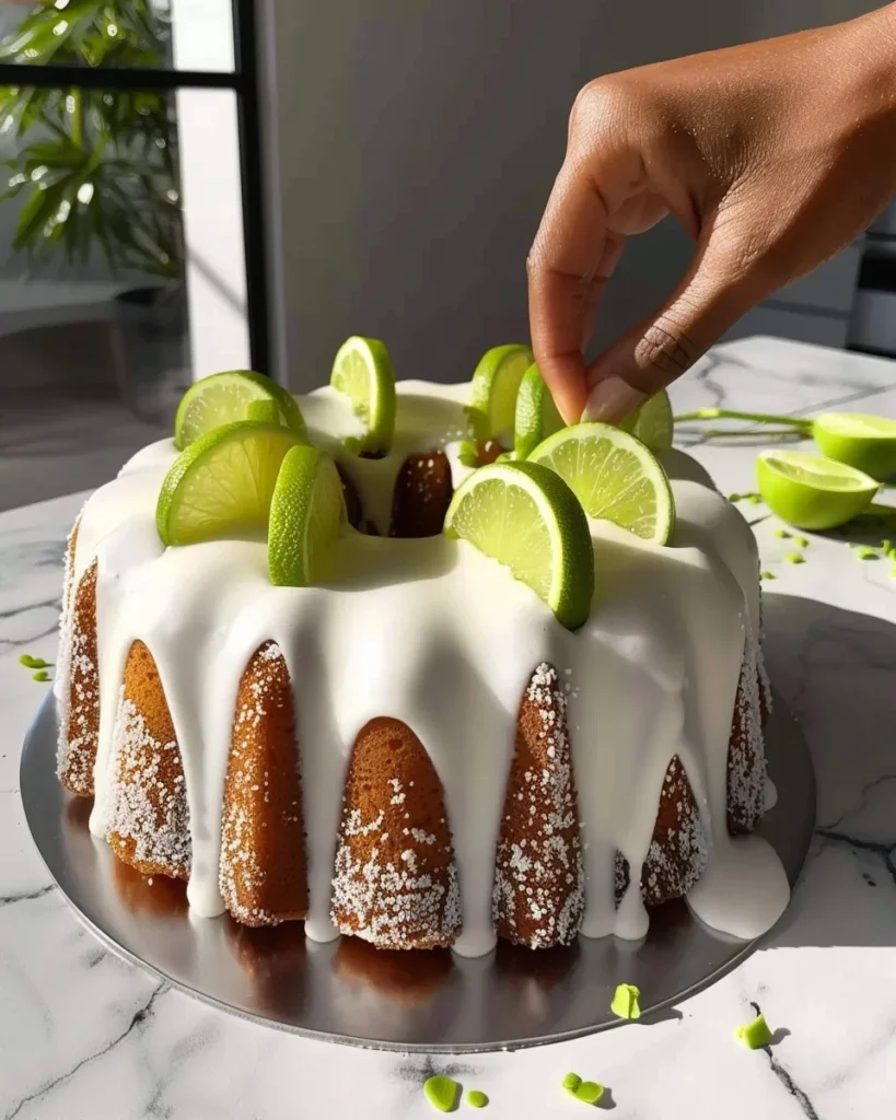 Slice of the best key lime pound cake on a plate with lime slices