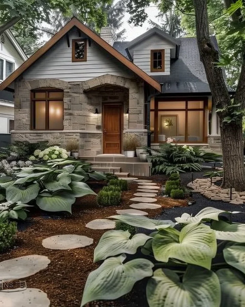 Lush grass-free front yard designed by professionals with vibrant plants and textures.