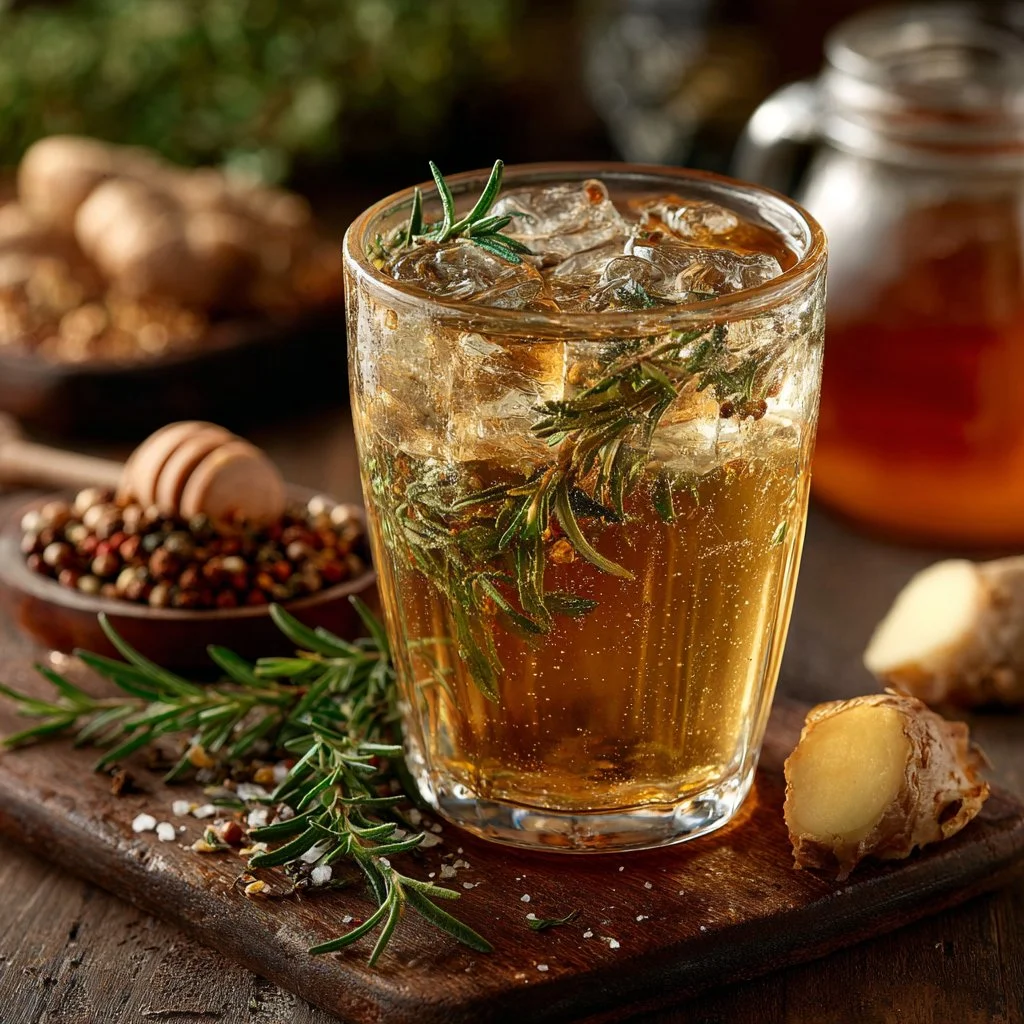 A cup of fragrant Thyme Rosemary Tea brewed with fresh herbs.