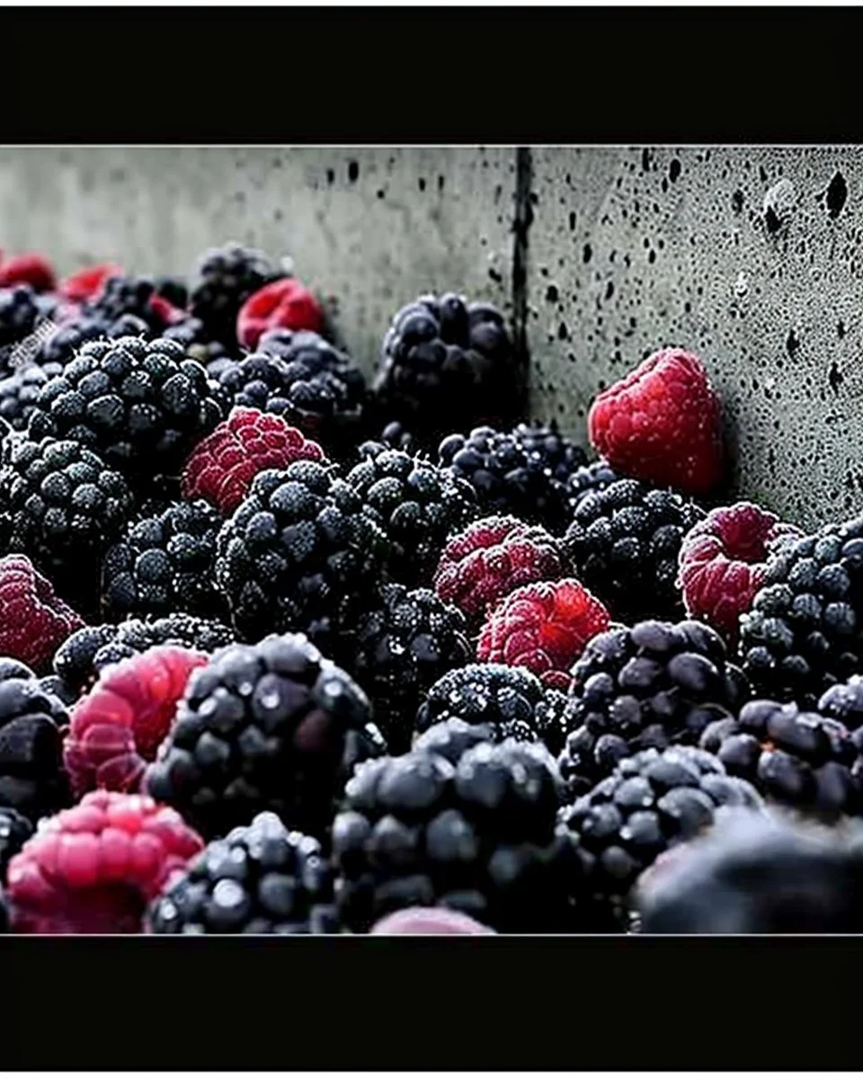 Fresh black raspberries in a garden ready for harvest
