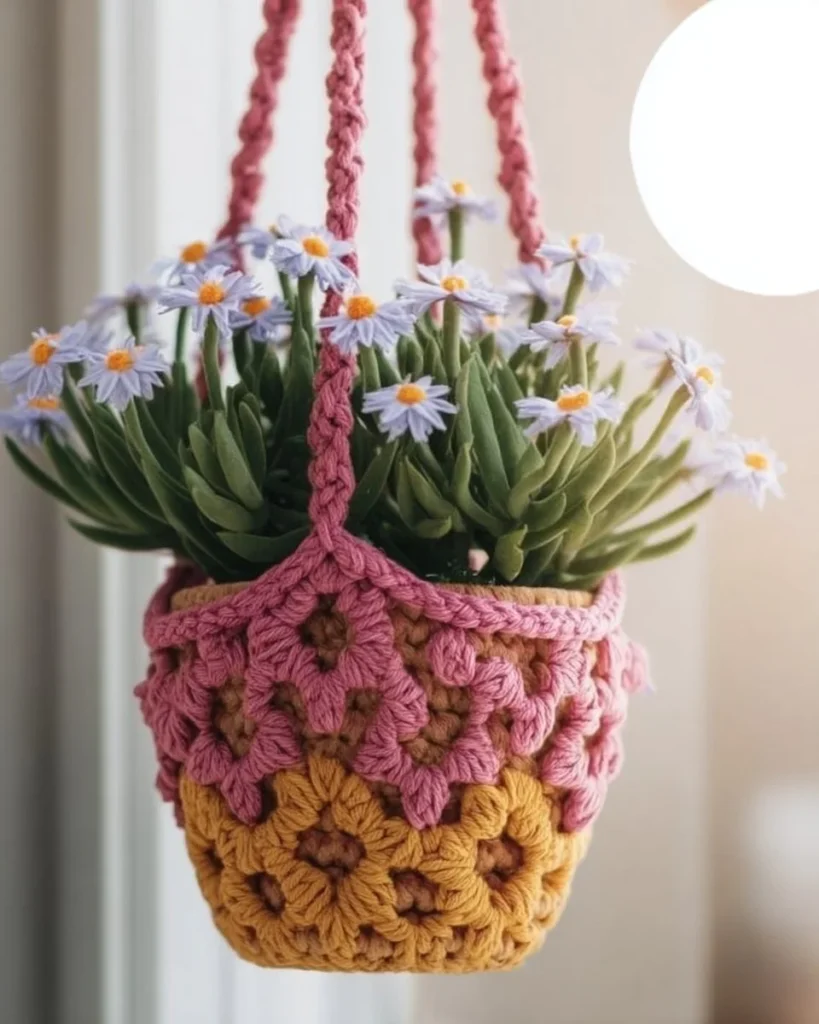 Unique crochet plant holder patterns with vibrant designs for home decor