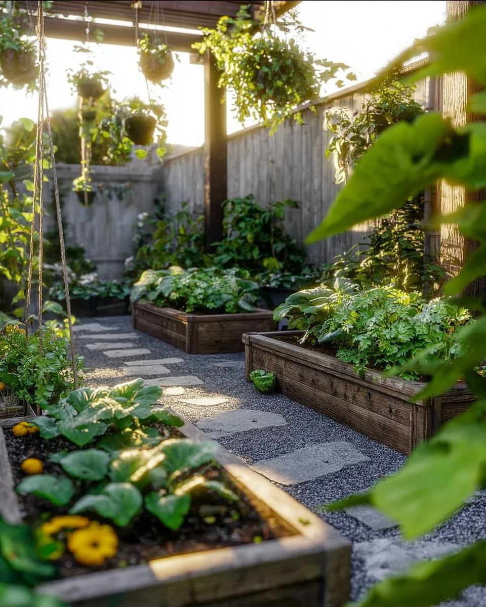 Small patio veggie garden with vibrant plants and veggies in an urban setting.