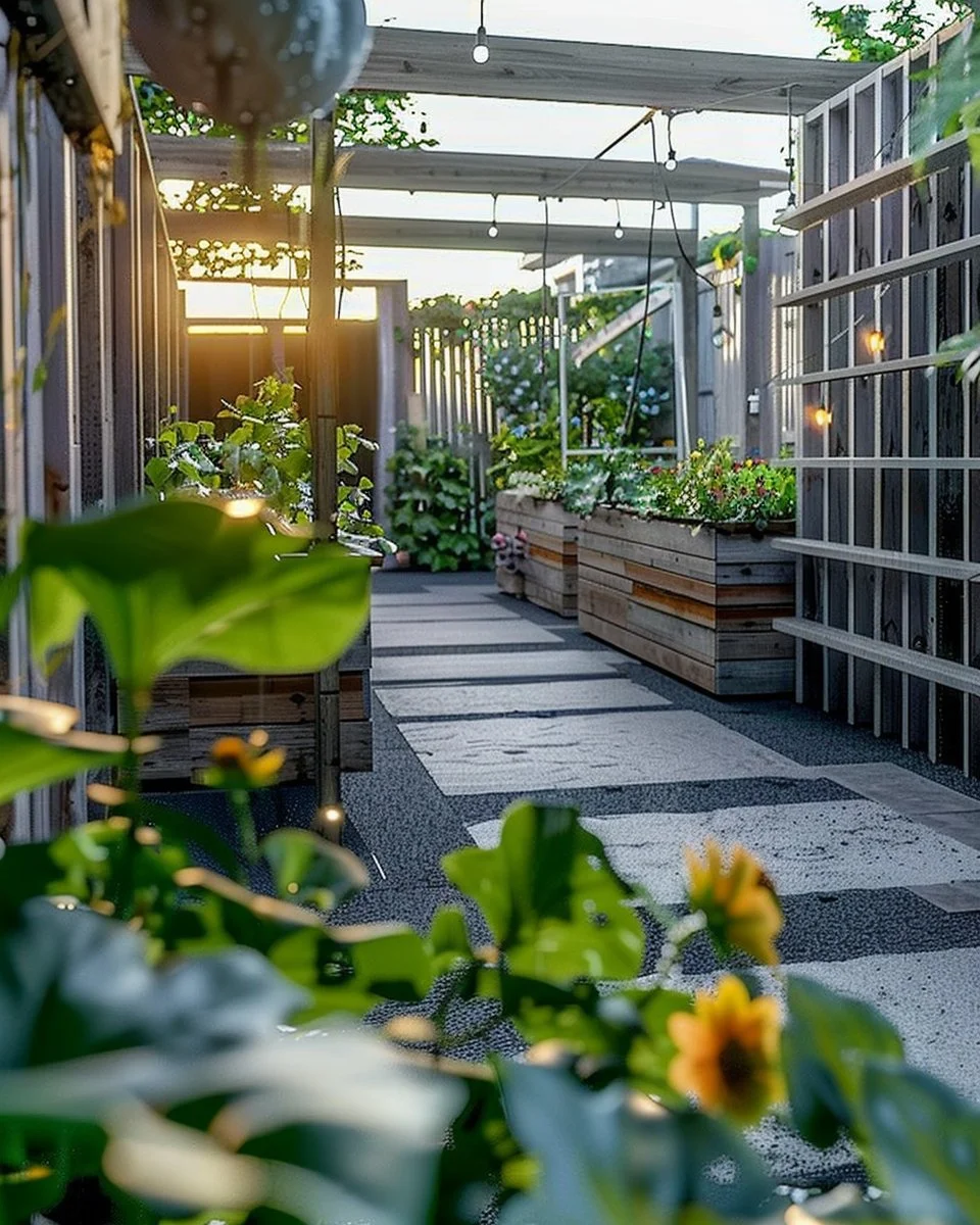 Small patio veggie garden with various fresh vegetables in planters.