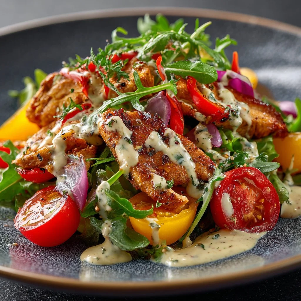 Vibrant garden salad with tangy vinaigrette, chicken, and fresh vegetables.