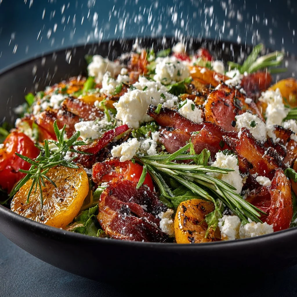 A fresh winter salad featuring greens, nuts, and seasonal fruits.