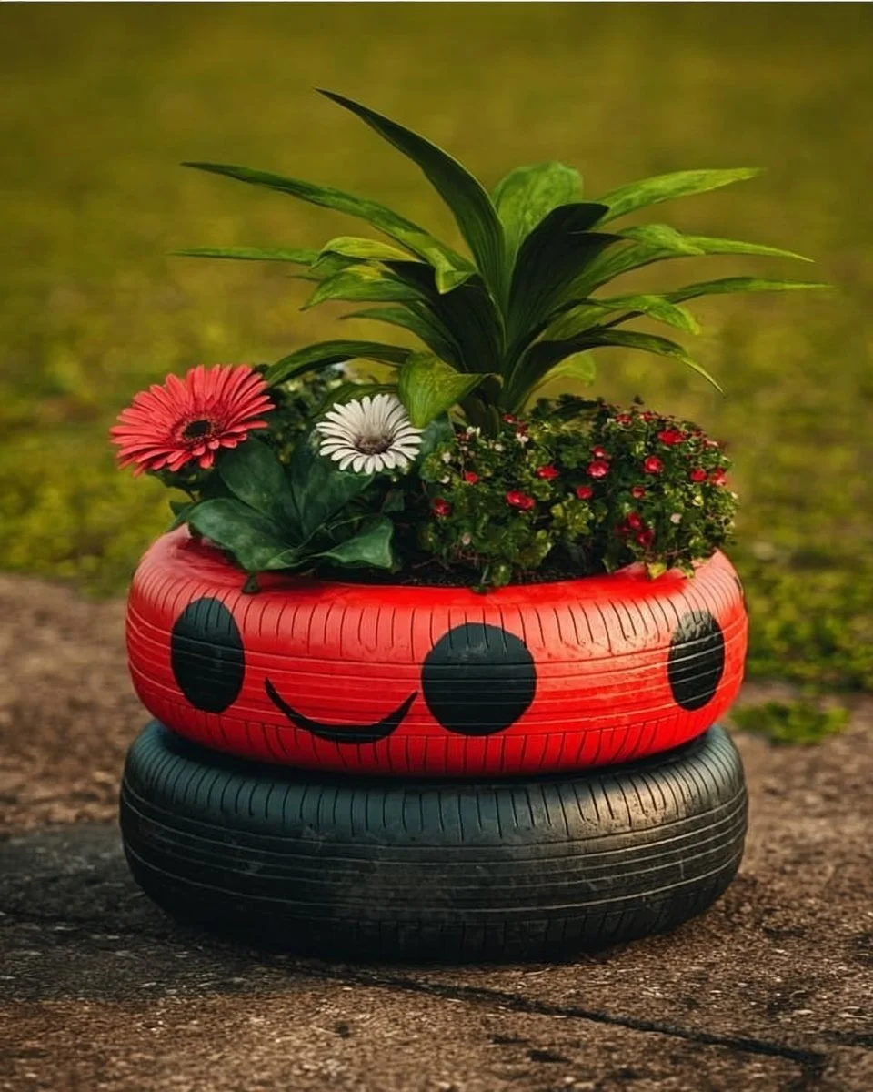 Colorful tyre planters in a garden showcasing DIY floral designs.