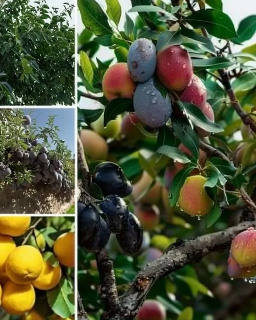 A variety of low-maintenance fruit trees in a sunny backyard garden.