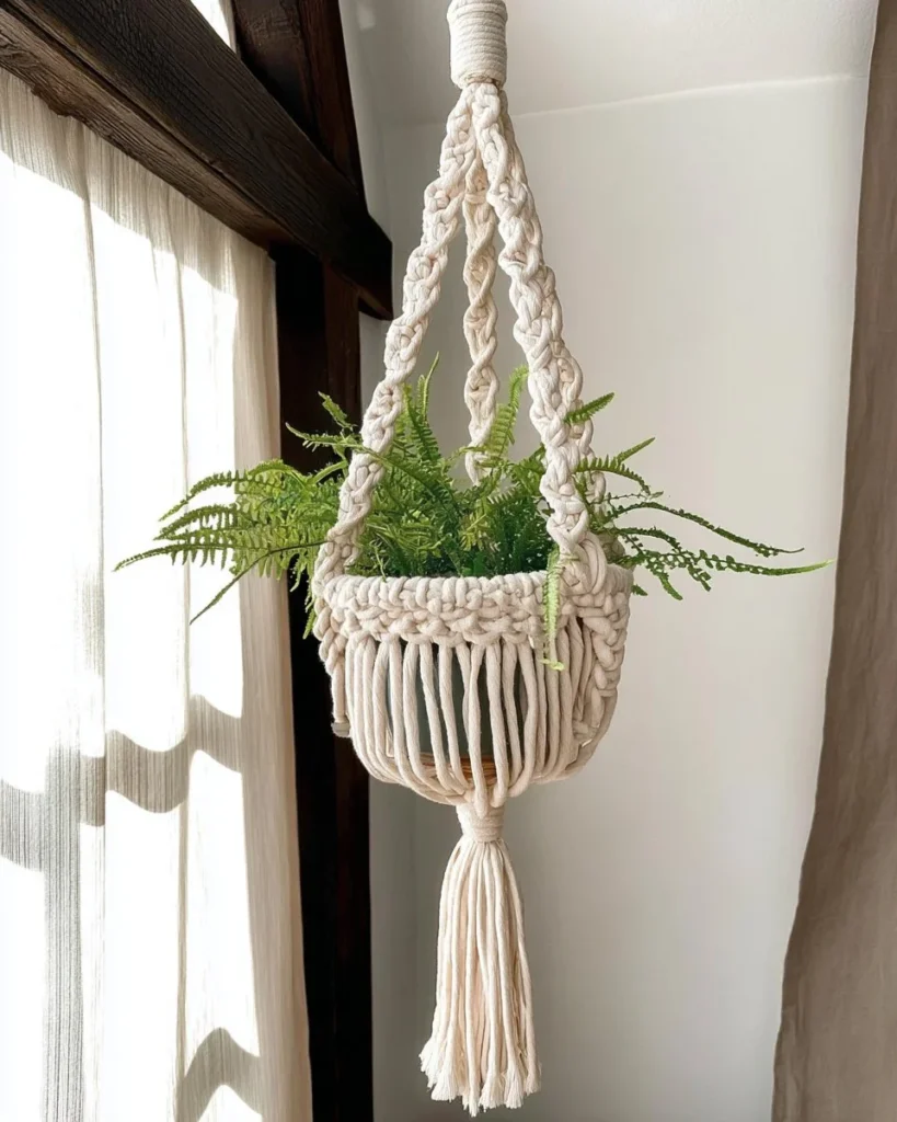 Handcrafted macrame plant hanger with indoor plants.