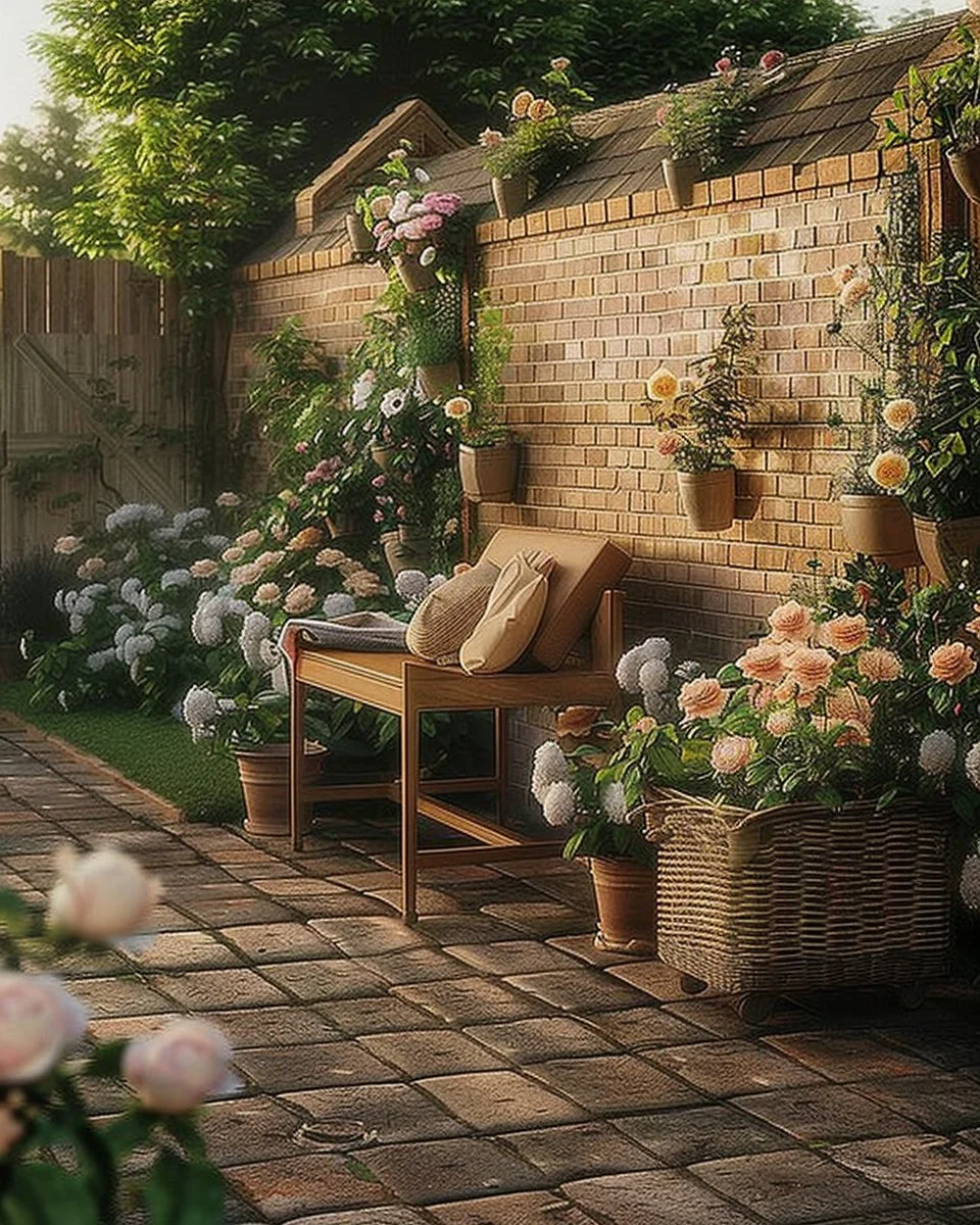 A beautiful cottage garden featuring colorful flowers and rustic design elements.