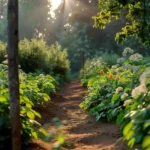 Cottage core garden with rustic plants and whimsical decor elements.