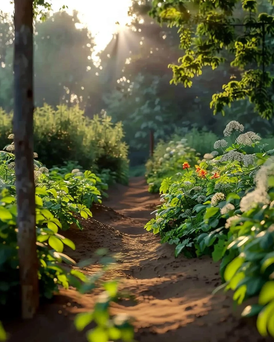 Cottage core garden with rustic plants and whimsical decor elements.