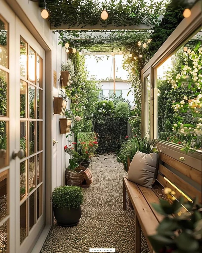 Beautiful tiny house with a lush courtyard garden showcasing greenery