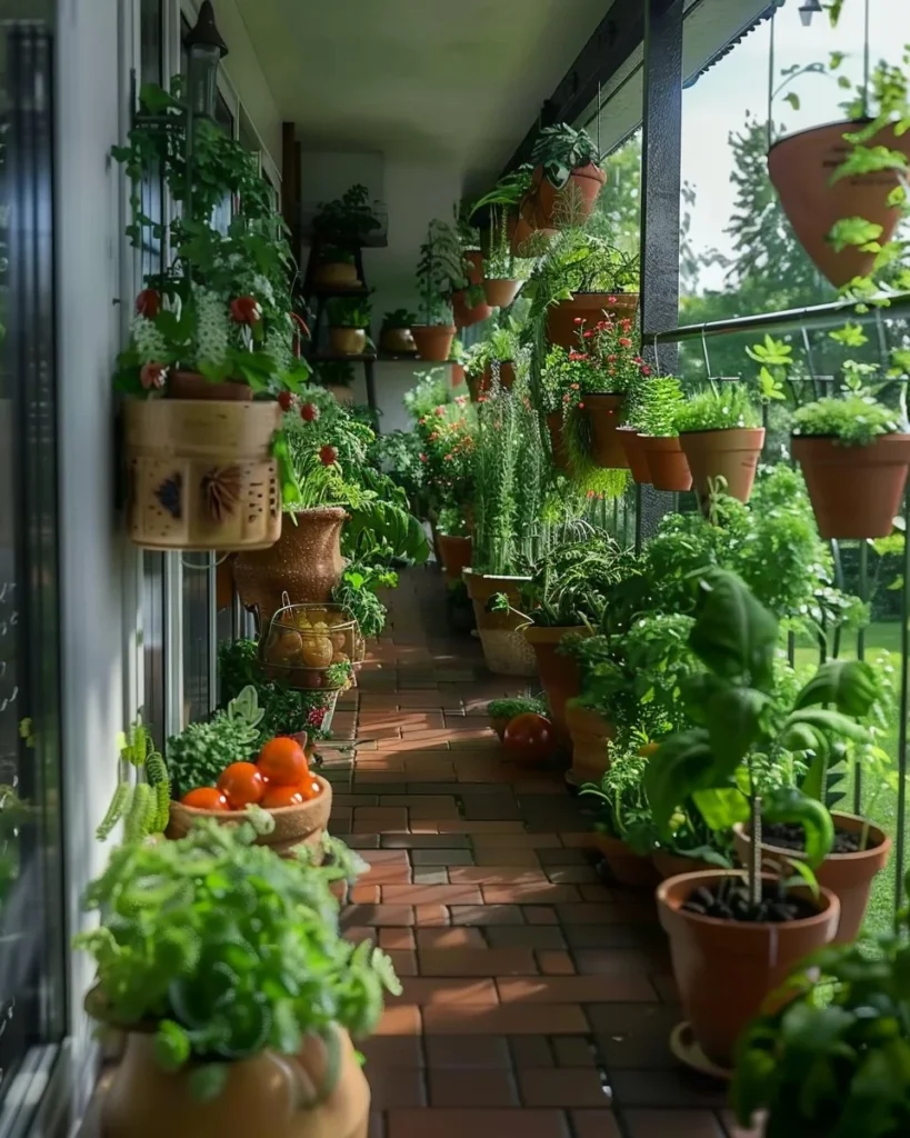 Beautiful balcony garden showcasing various plants and flowers in a cozy setting.