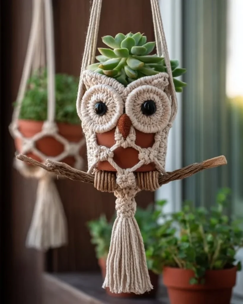 Handcrafted macrame owl plant holder showcasing intricate knot designs.