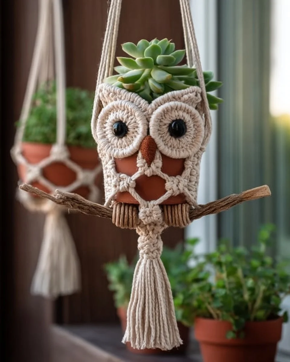Handcrafted macrame owl plant holder showcasing intricate knot designs.