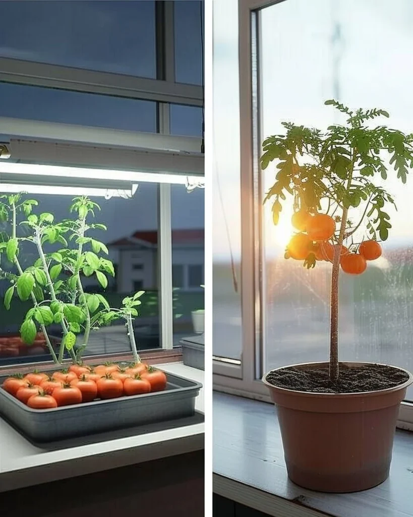 Container gardening for fresh tomatoes grown inside a home environment.