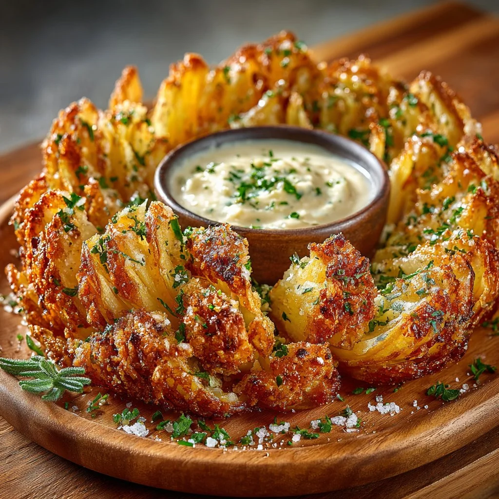 Homemade blooming onion, crispy and golden, ready to serve.