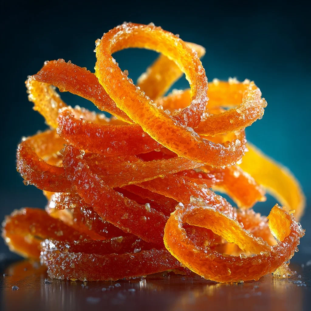 Delicious homemade candied orange peel in a glass jar with orange slices.