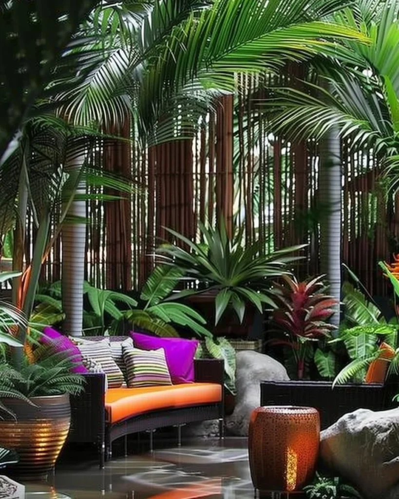 Cozy small garden with colorful flowers and comfortable seating area