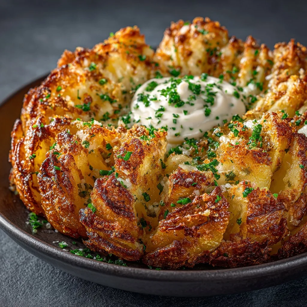 Crispy Air Fryer Bloomin Onion served with dipping sauce