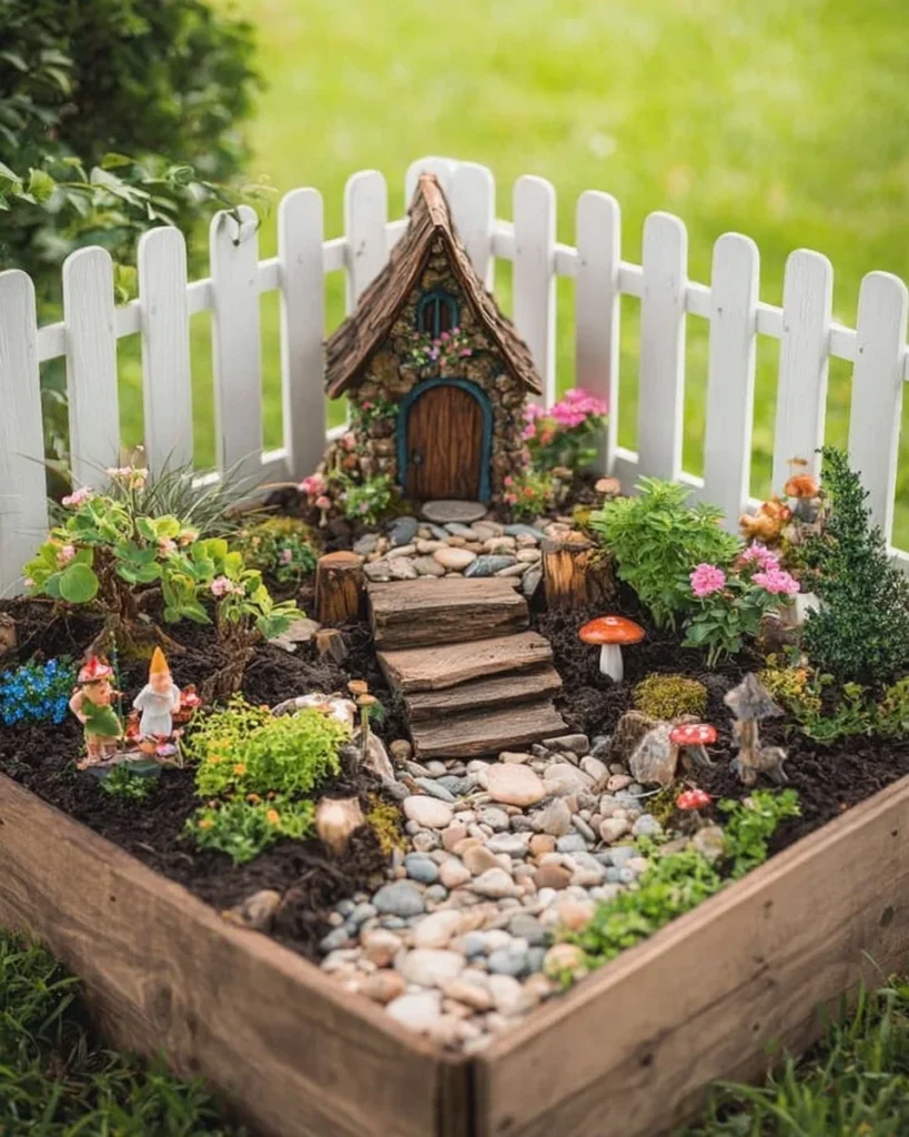 Colorful DIY outdoor fairy garden decorated with miniature figurines and plants.
