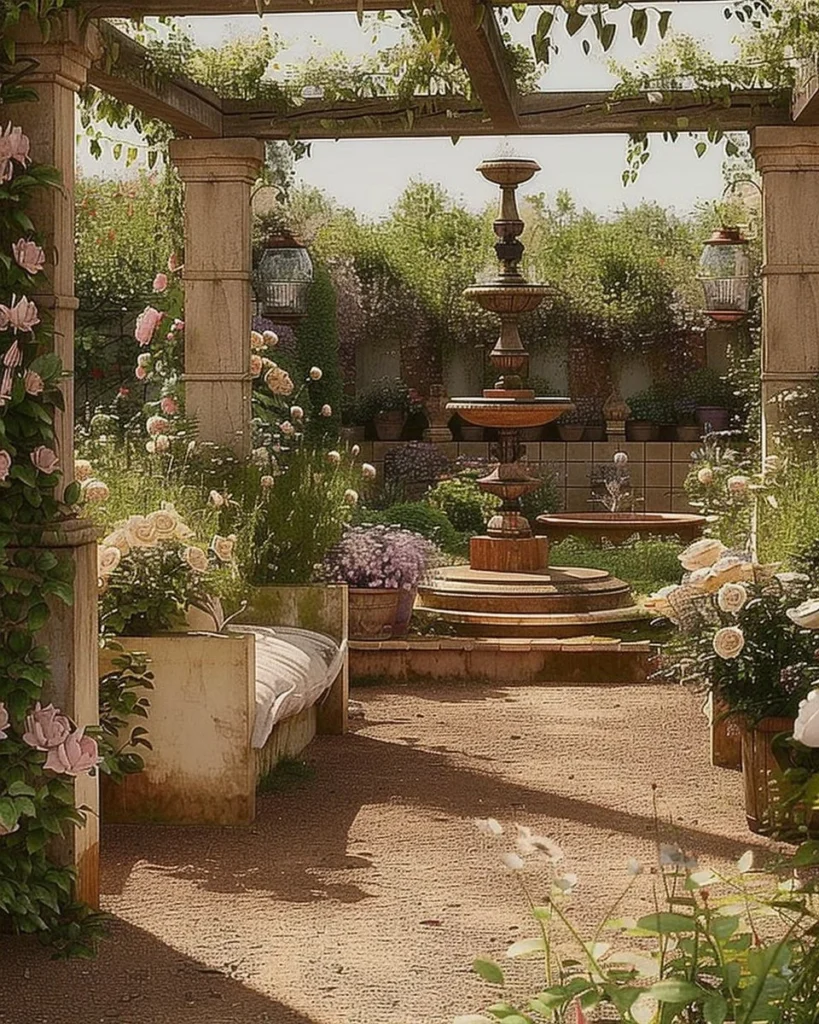 Beautiful French country garden design featuring rustic flowers and greenery