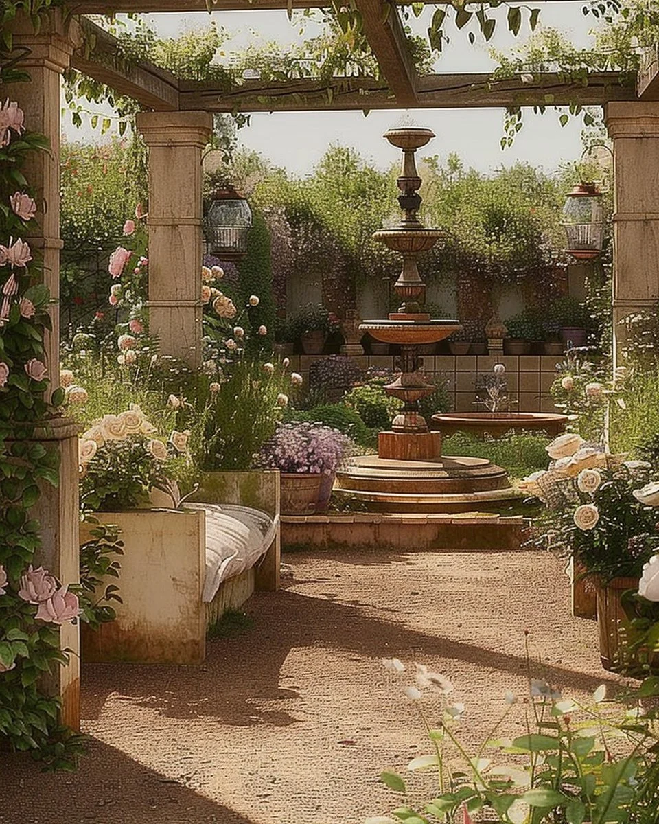 Beautiful French country garden design featuring rustic flowers and greenery