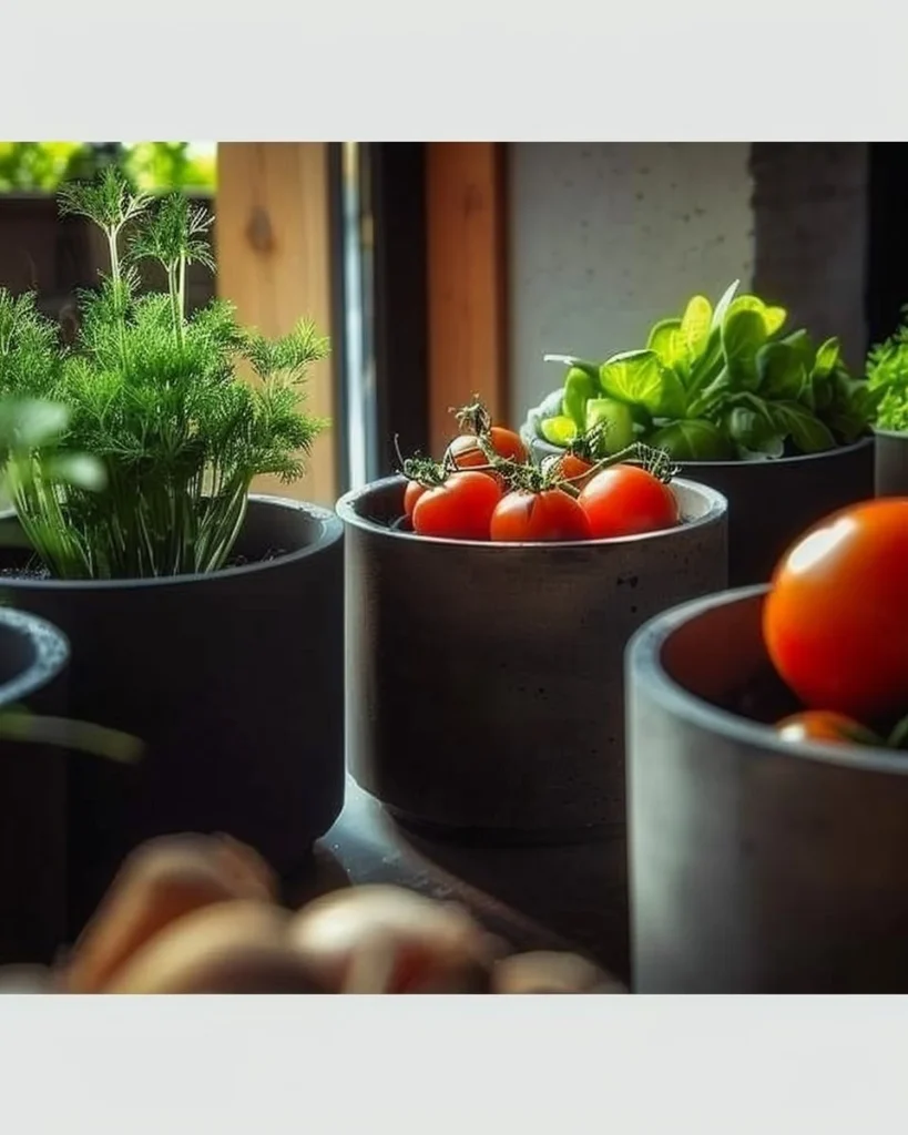 Person growing vegetables indoors in apartment with pots and natural light