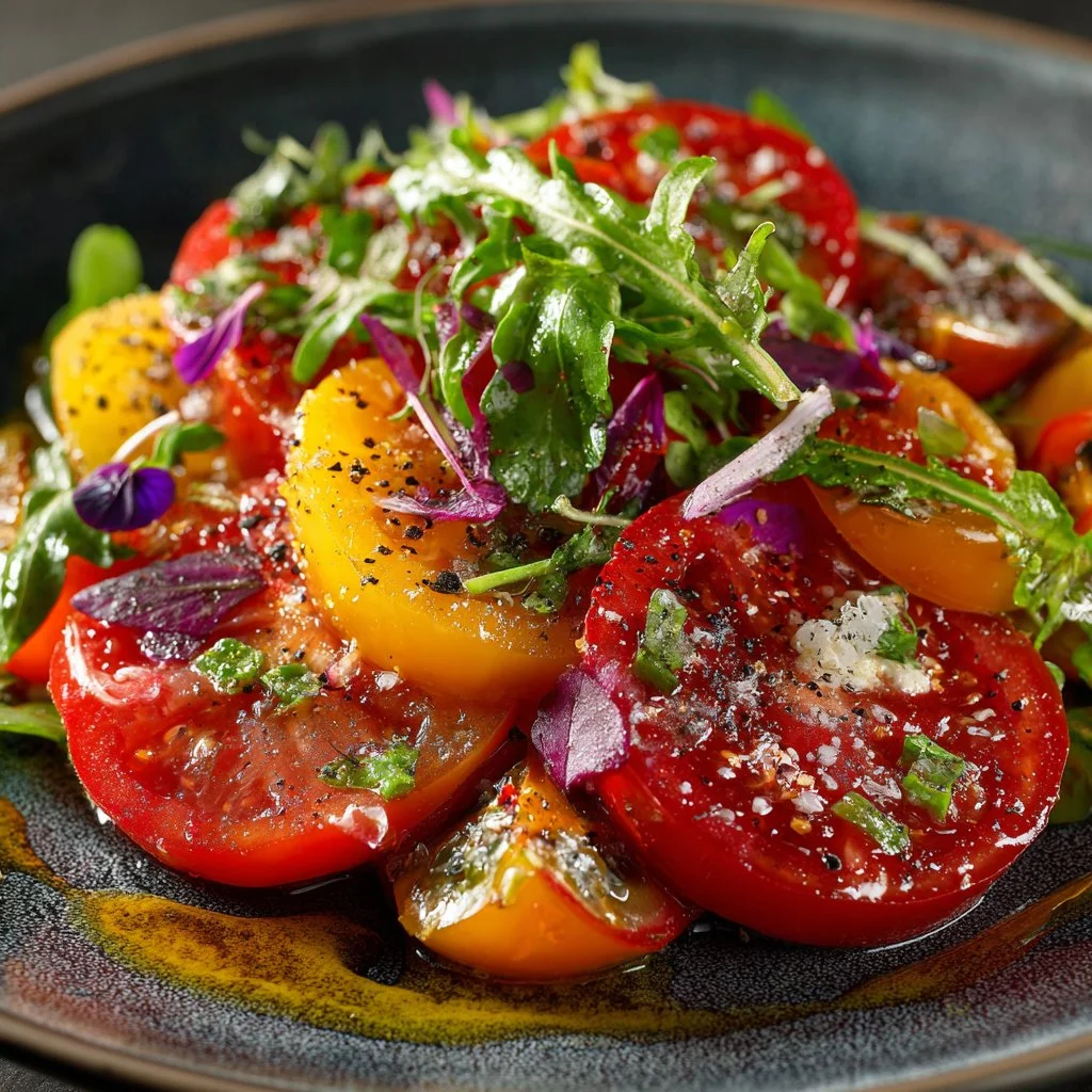 Fresh heirloom tomato salad with colorful tomatoes and herbs