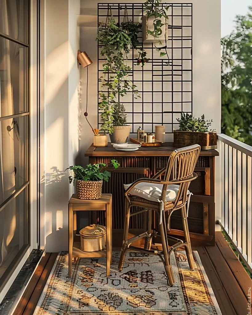 Stylish small apartment balcony with plants and seating, showcasing balcony ideas.