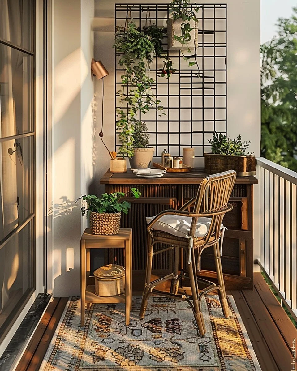 Stylish small apartment balcony with plants and seating, showcasing balcony ideas.
