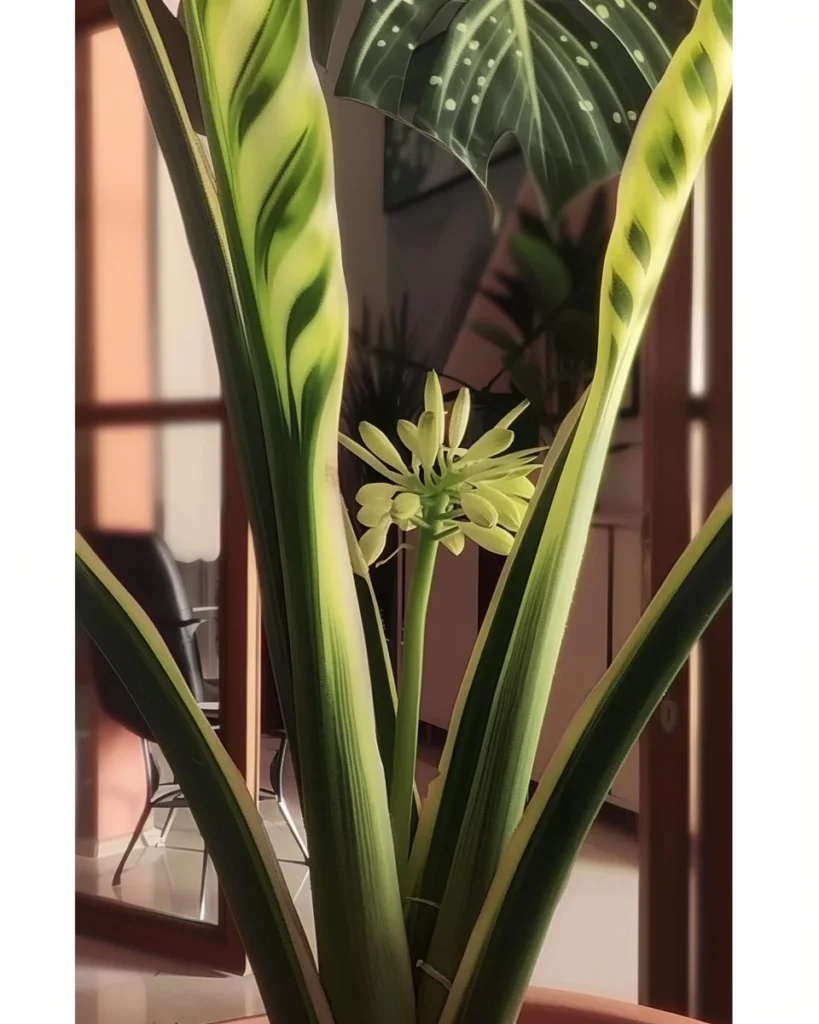 Snake plant blooming with flowers in a home setting