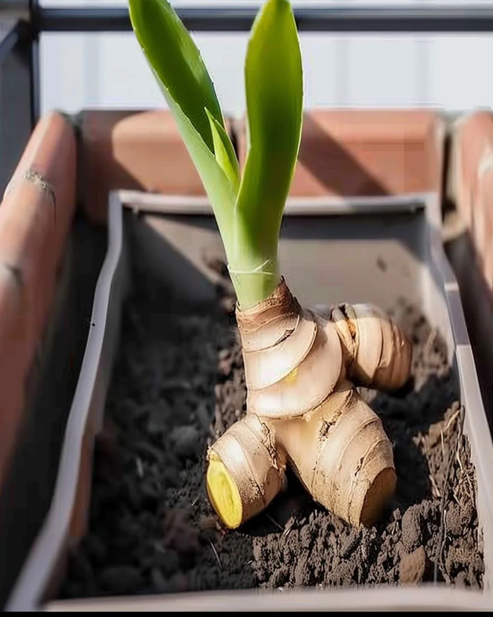Fresh ginger roots growing in a garden, showcasing a growing technique.