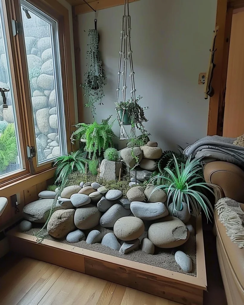 Indoor stone garden decor enhancing a rustic cozy atmosphere.