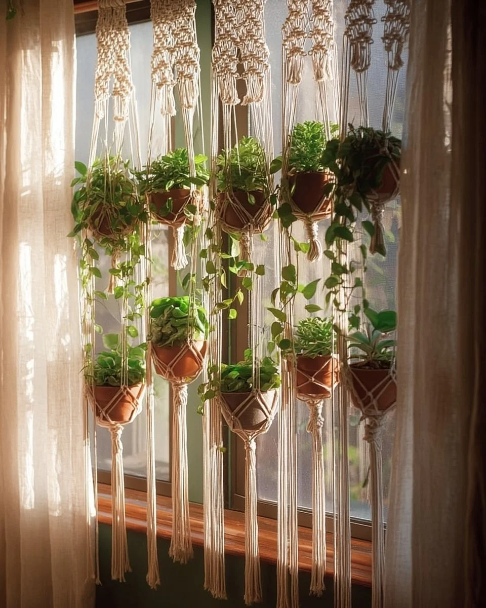 Decorative macrame curtain with plants enhancing interior design aesthetics