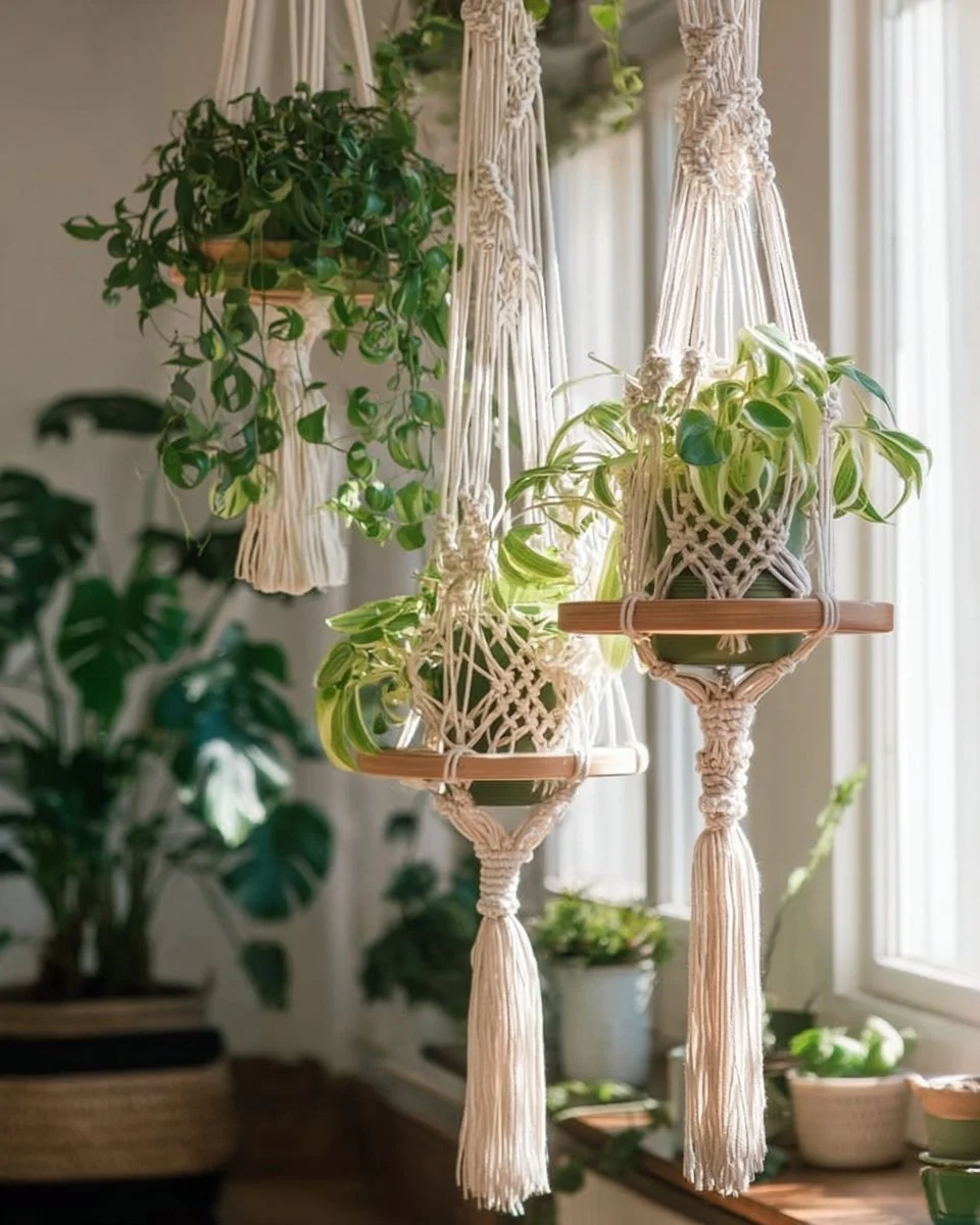 Handcrafted macrame shelf hanger showcasing stylish plant decor