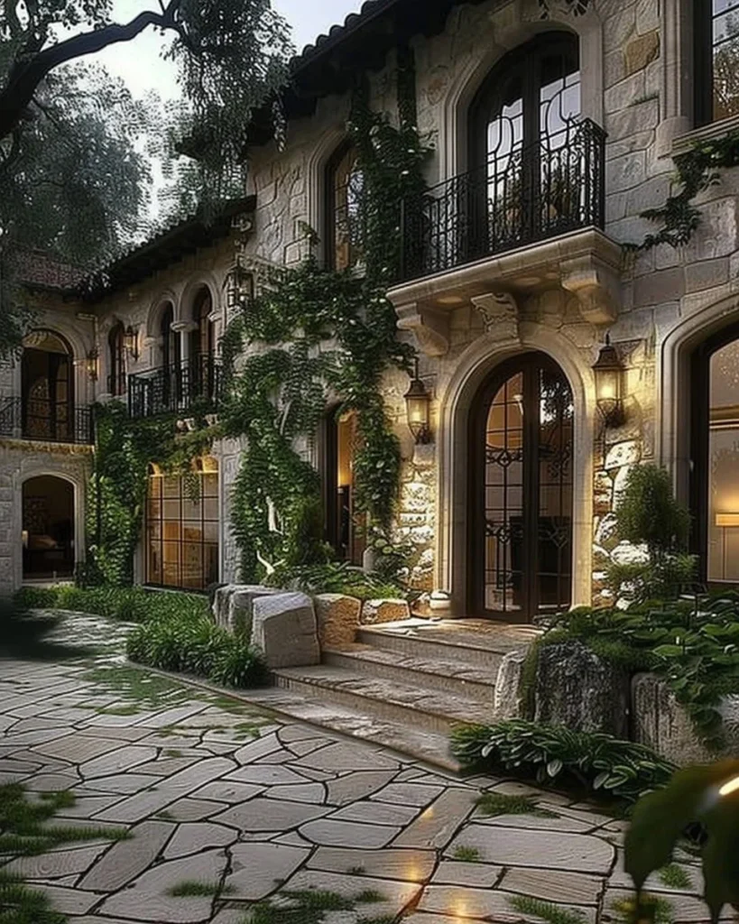 Beautiful stone exterior houses inspired by French country style architecture.