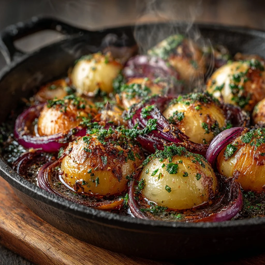 Onion boil dish prepared with fresh ingredients and herbs