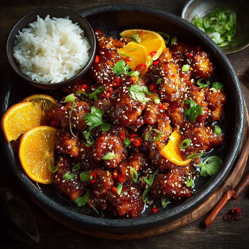 Delicious homemade orange chicken served on a plate with rice and vegetables