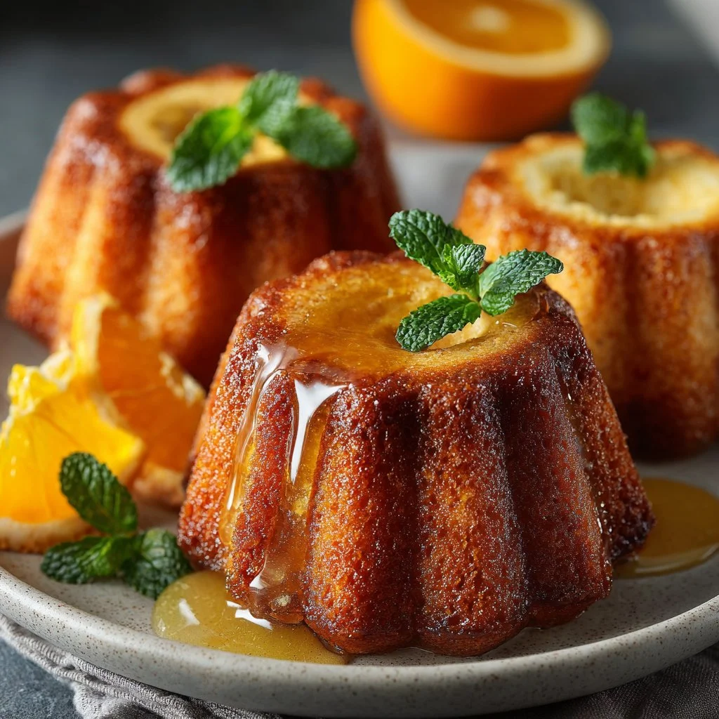 Delicious Orange Ginger Honey Cakes stacked on a plate, garnished with orange slices.