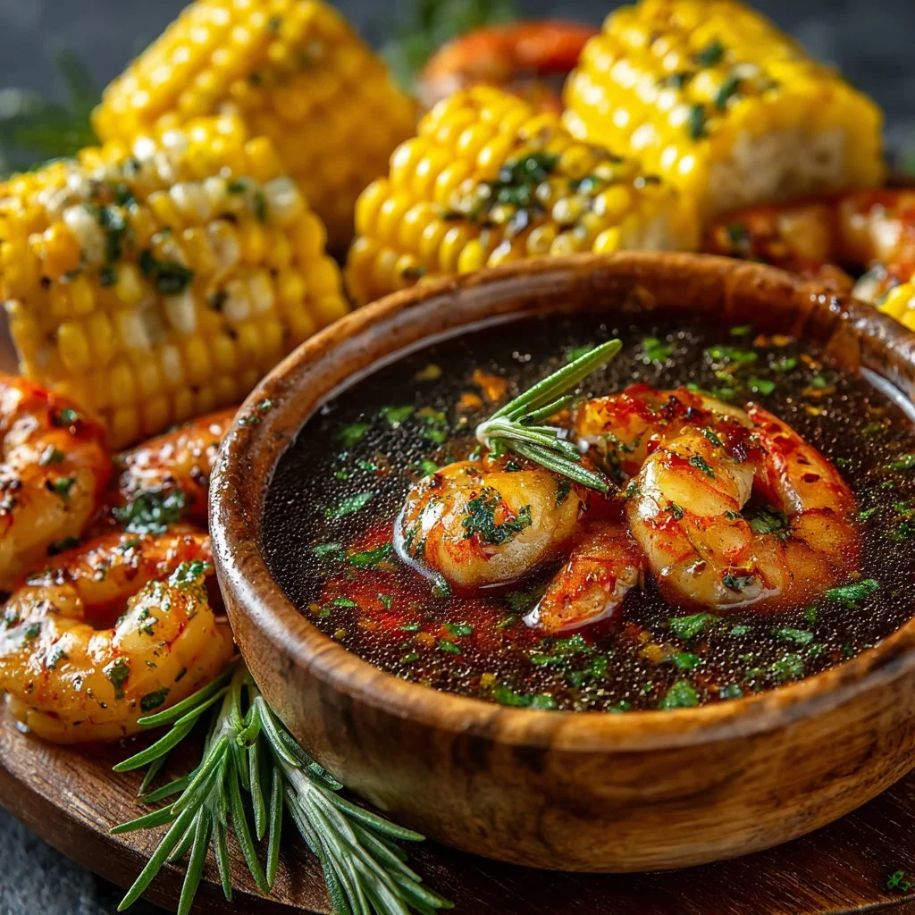 Delicious seafood boil dipping sauce served with shrimp and crab.