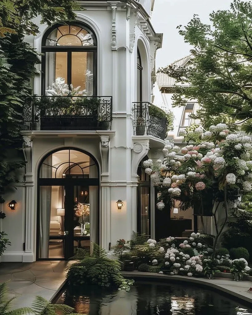 Beautiful white stucco townhouses featuring elegant architecture and design.