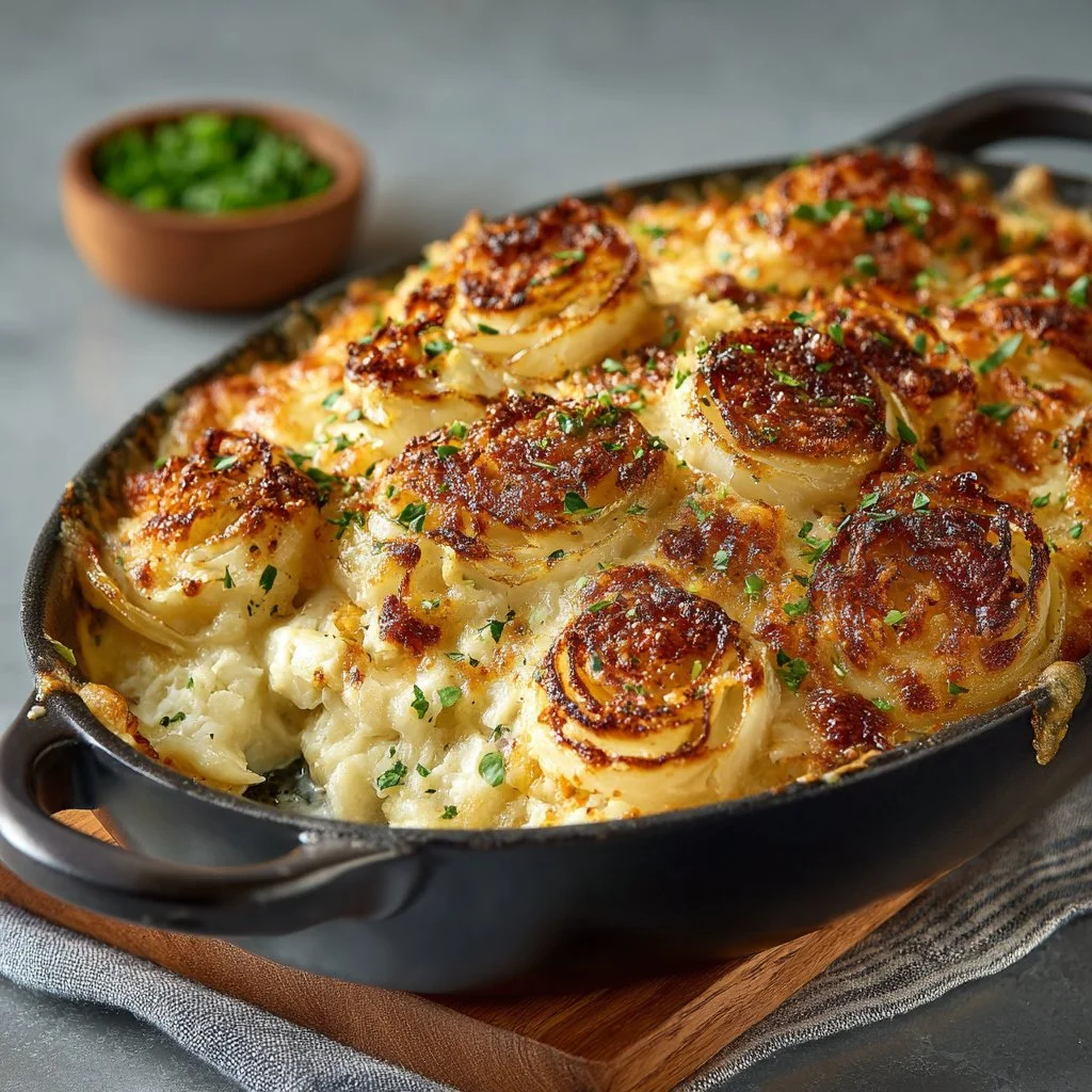 Cheesy baked onions dish served warm, golden brown topping, perfect side dish