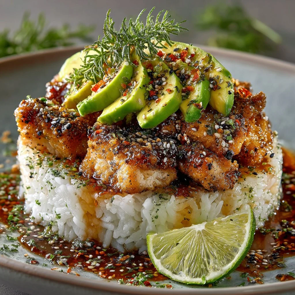 Plate of honey lime chicken served with avocado rice stack