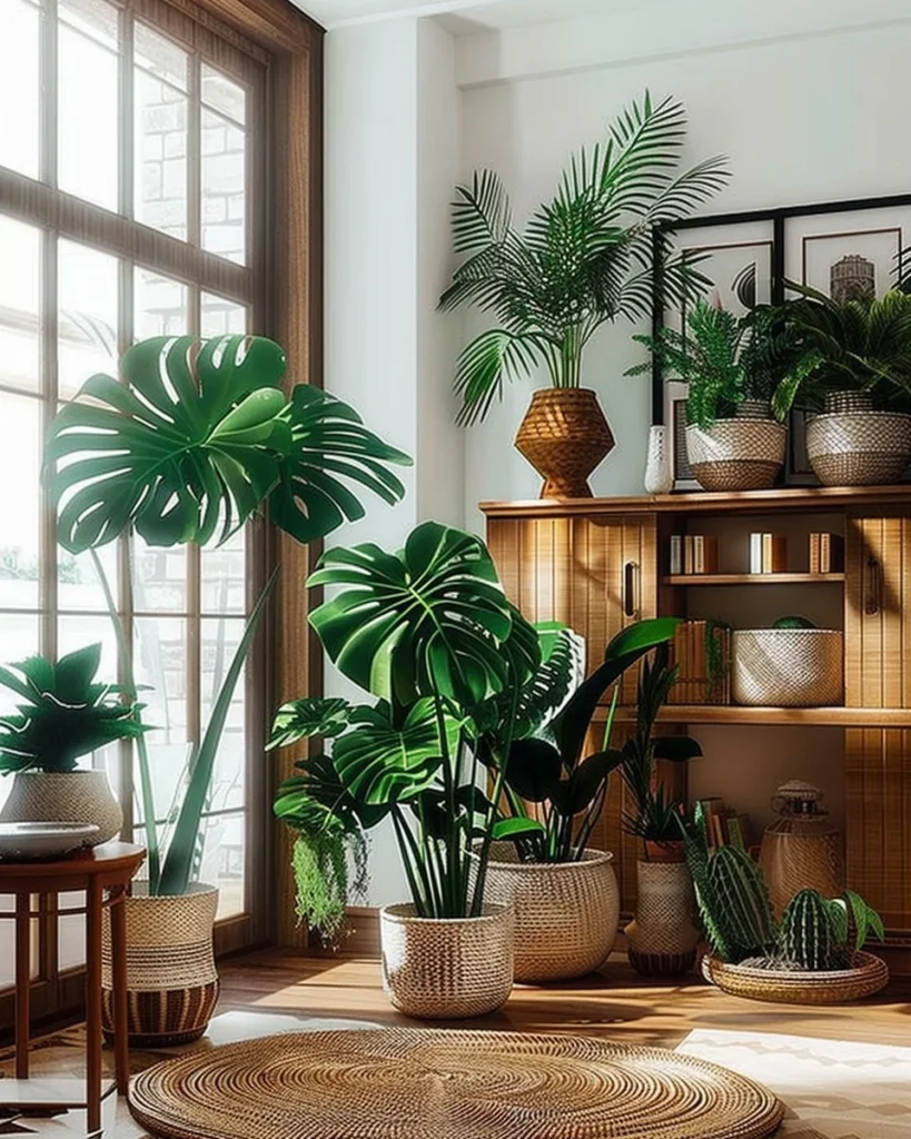 Tropical indoor plants decor in a serene Balinese bedroom setting