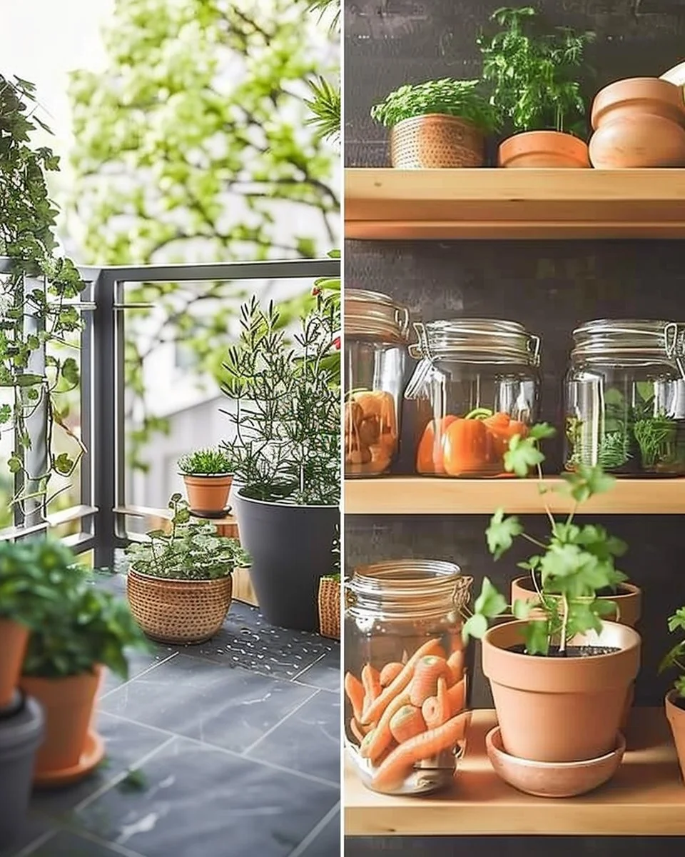 Urban gardening ideas for apartment balcony with plants and decoration.